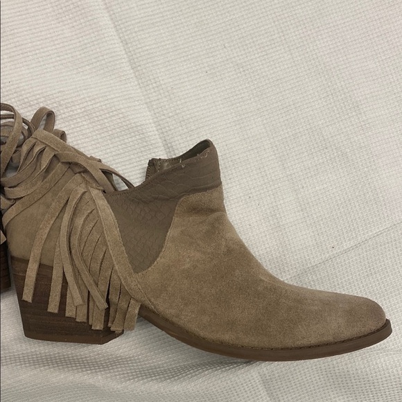 Tan Suede Ankle Booties with Fringe - Picture 3 of 10
